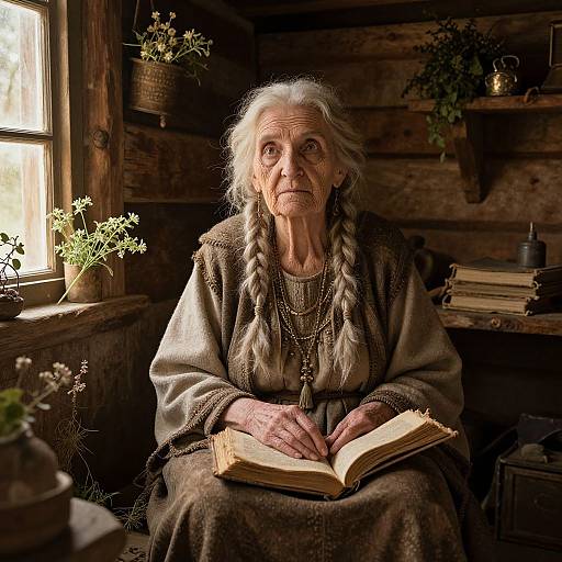 Photograph of an elderly white woman with long gray braided hair, wearing a brown dress, sitting in a wooden cabin reading a book, sunlight streaming