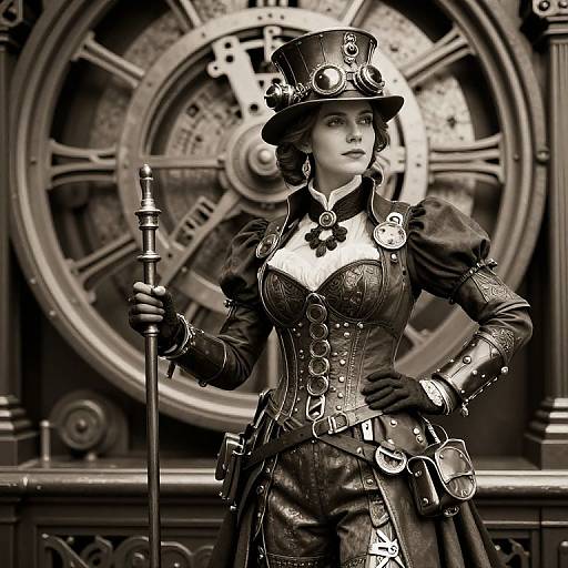 Steampunk woman in detailed black corset, top hat, holding cane, standing before large clock mechanism. Monochrome photograph with intricate textures.
