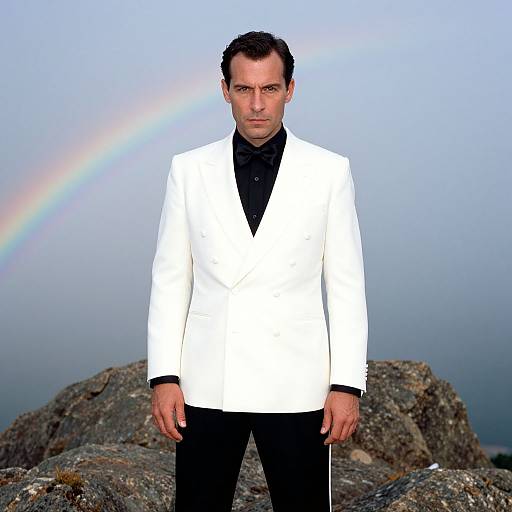 Photograph of a serious-looking man in a white blazer, black shirt, and black pants, standing against a rocky background with a rainbow in a
