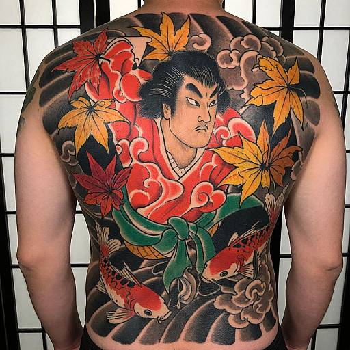 Photograph of a man's back with a vivid, colorful traditional Japanese-style tattoo of a samurai with koi fish and autumn leaves.