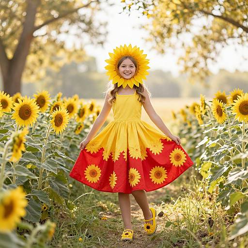 Photograph of a smiling girl in a sunflower headpiece and yellow-red sunflower dress, standing in a sunflower field at sunset.