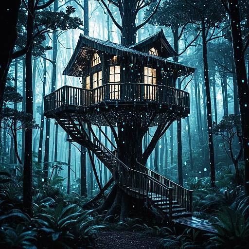 Bioluminescent Forest Treehouse at Night
