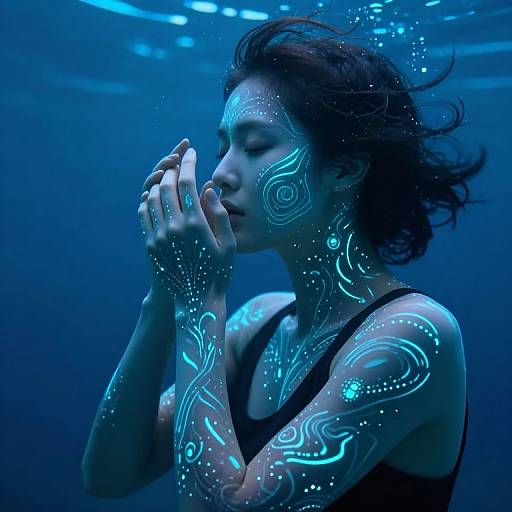 Photograph of a woman with glowing blue tribal patterns underwater, eyes closed, hands raised to her face, dark hair flowing, wearing a black tank top