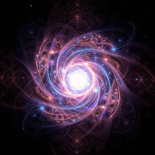Digital artwork of a vibrant, glowing spiral galaxy with swirling blue, pink, and white energy loops, surrounded by dark space with scattered stars. Bright central