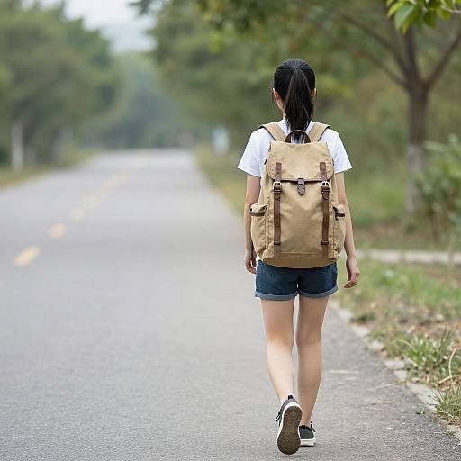 Young Woman Hitchhiking with Backpack