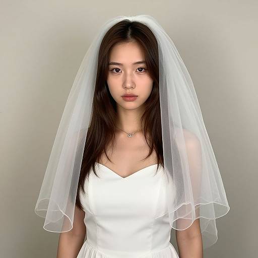 Photograph of an Asian woman with long dark hair, wearing a white strapless wedding dress and a sheer white veil, against a plain gray background.