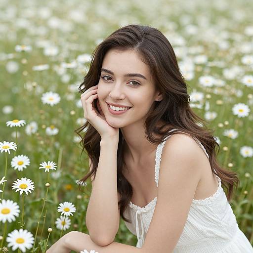 Photograph of a smiling young woman with long brown hair, wearing a white sleeveless dress, kneeling in a field of white daisies.