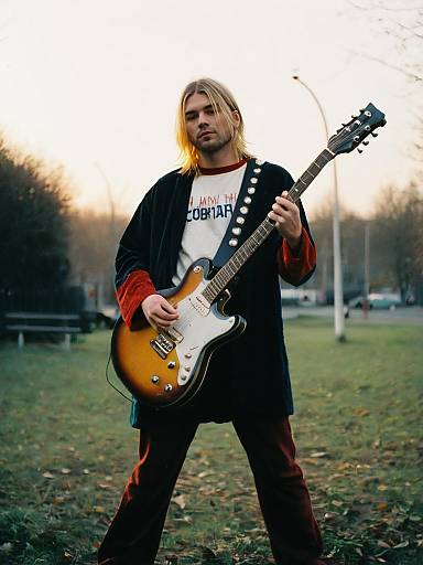 Man in Kurt Cobain Fancy Dress Playing Guitar