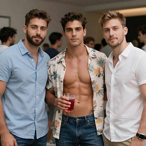 Shirtless Center Man with Red Drink