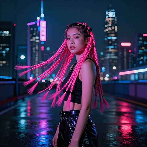 Neon Pink Braids in Cyberpunk City