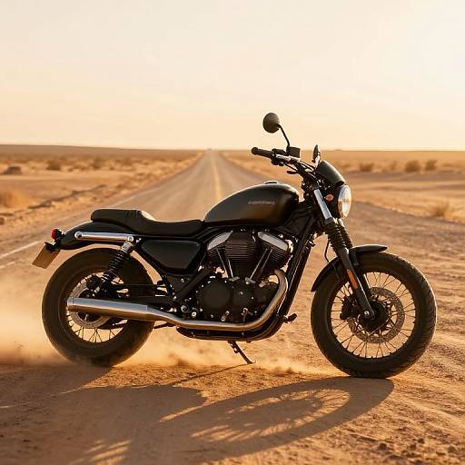 Photograph of a black motorcycle with chrome accents, parked on a dusty, sunlit desert road at sunset, kicking up sand.