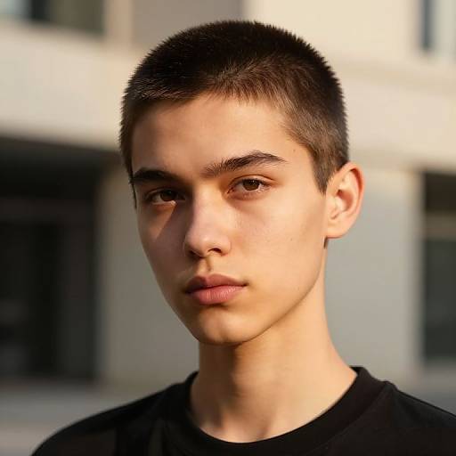 Photograph of a young, light-skinned man with short, dark brown hair, and neutral expression, wearing a black shirt, standing outdoors with a