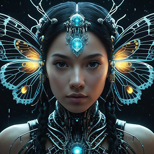 Cybernetic Goddess with Bioluminescent Wings