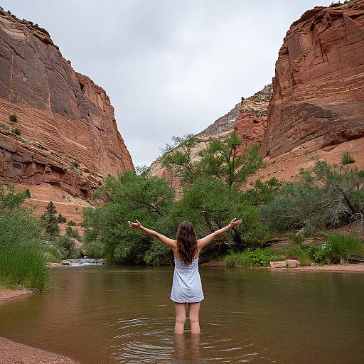 Photograph of a woman with long brown hair in a white dress, arms raised, standing in a red rock canyon river.