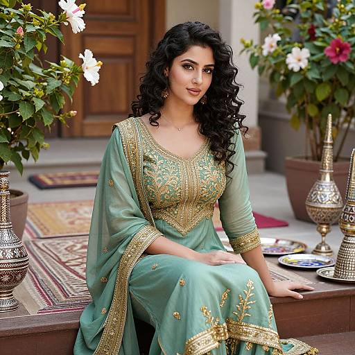 Photograph of an elegant South Asian woman with curly black hair, wearing a green, gold-embroidered traditional saree, seated outdoors among p