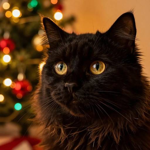 Photograph of a fluffy black cat with bright yellow eyes, gazing slightly to the side, in front of a blurred Christmas tree with colorful lights.