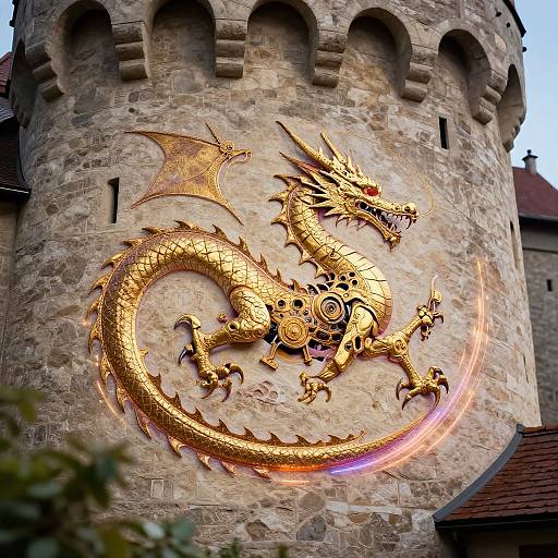Photograph of a large, golden, intricately detailed dragon sculpture mounted on a medieval stone tower, with arched windows above.
