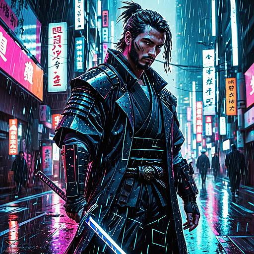 Cyberpunk Samurai in Neon Tokyo Rain
