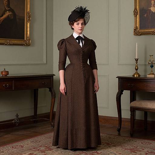 Victorian-era photograph of a fair-skinned woman in a dark brown, checkered, long-sleeve dress with puffed shoulders, black hat