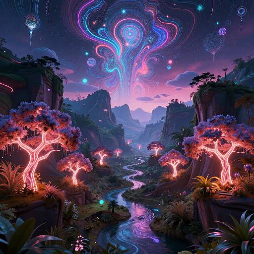 Digital fantasy artwork of a glowing, neon forest with luminous, bioluminescent trees, a winding river, and a vibrant, swirling celestial sky