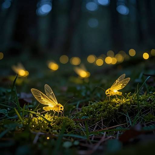 Photograph of glowing fireflies with illuminated wings in a dark forest, surrounded by bokeh lights in the background.