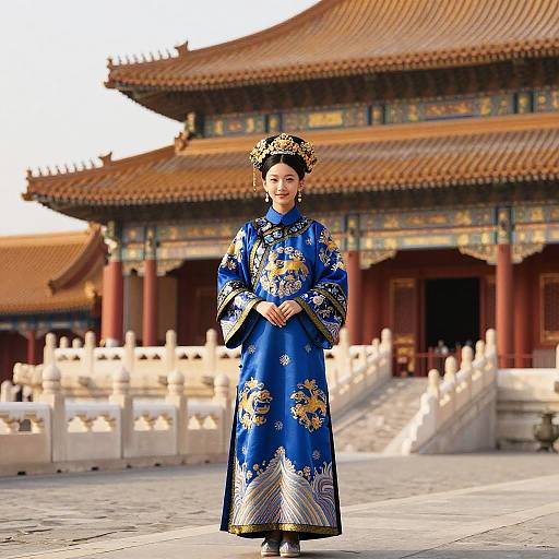 Photograph of an Asian woman in a vibrant blue traditional Chinese dress with gold floral patterns, standing in front of an ornate, historic temple with red