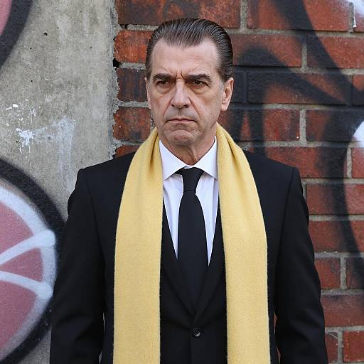 Serious man in black suit with yellow scarf by graffiti wall