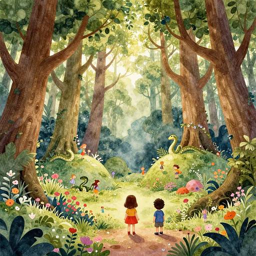 Watercolor illustration of two children with curly hair, one in a red dress, one in blue, walking a sunlit forest path flanked by tall