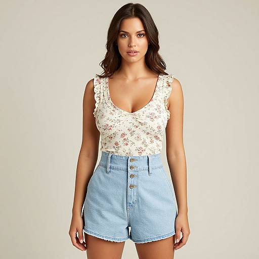 Photograph of a young woman with medium brown skin, dark wavy hair, wearing a white floral sleeveless top and light blue high-waisted