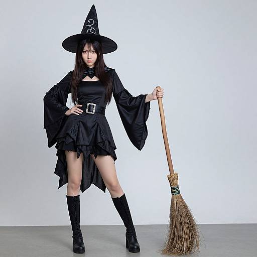 Photograph of an Asian woman in a black witch costume with wide-brimmed hat, holding a broom, standing against a white background.