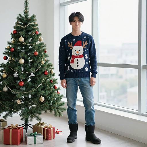 Photograph of a young Asian man with short black hair, wearing a Santa-themed sweater, blue jeans, and black boots, standing in front of a