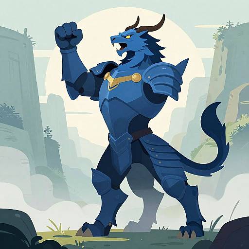 Giant Armored Indigo Griffin in Mist