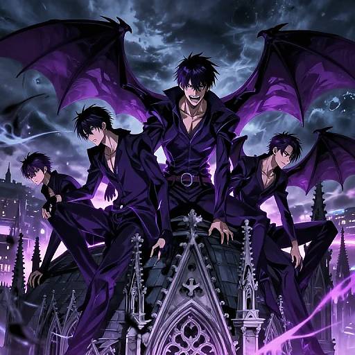 Digital anime artwork of four dark-haired, bat-winged men in black suits, standing on a gothic cathedral, under a stormy, purple-l
