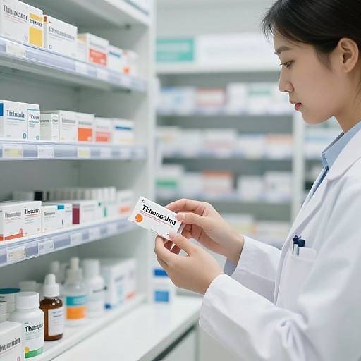 Photograph of an Asian female pharmacist in a white lab coat, examining a Tamiflu package in a brightly lit, organized pharmacy.