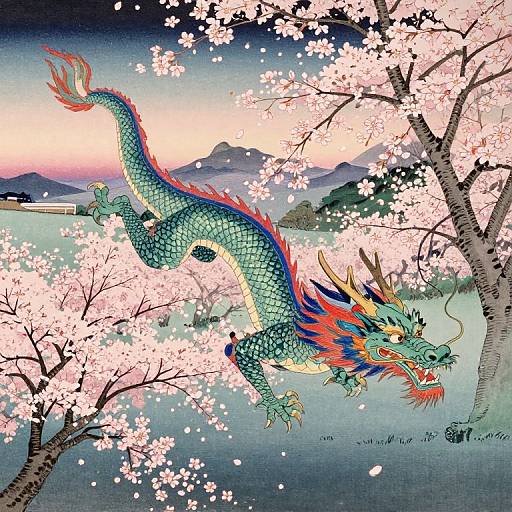 Vibrant digital illustration of a green, dragon with red and blue scales, leaping through cherry blossom trees with mountains and a sunset in the background