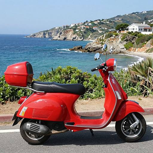 Vibrant red scooter with a rear storage box parked by a coastal road, overlooking a blue ocean and cliffside houses. Sunny, clear sky.