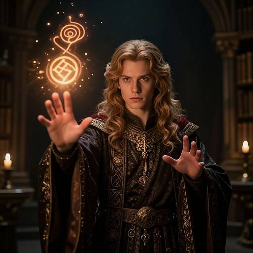 Photograph-style digital art of a long-haired, serious-looking man in ornate black robes, hands raised, glowing mystical symbols hovering above. Dimly