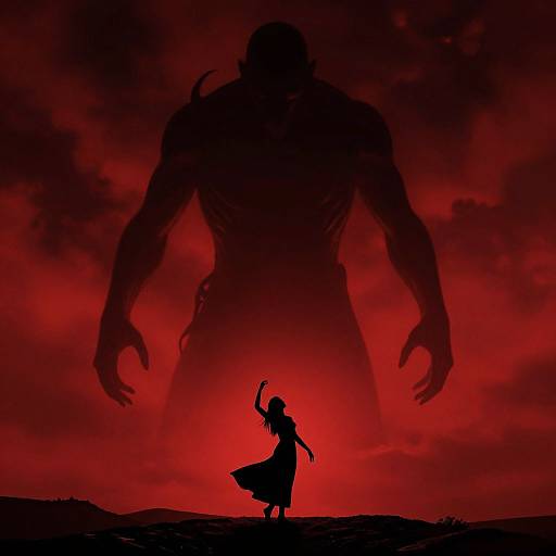Silhouetted woman with raised arm against a towering, menacing shadow figure in a vivid red, smoky sky. Digital art.