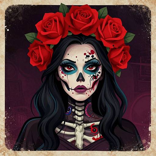 Digital artwork of a Day of the Dead-inspired woman with black hair, red roses in her hair, skeletal face paint, and dark lipstick, against a