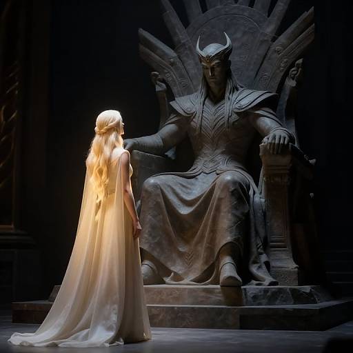 Photograph of a glowing white marble statue of a long-haired woman facing a dark, imposing stone throne with a horned helmet.
