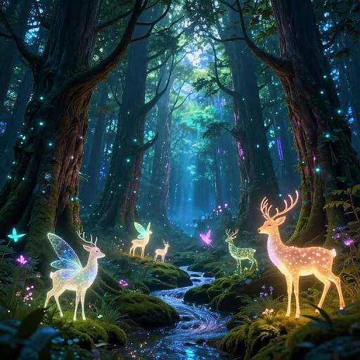 Enchanting forest scene with glowing, luminescent deer, butterflies, and a stream, illuminated by vibrant, colorful lights amidst towering trees. Digital