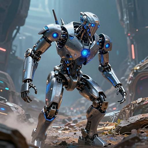 CGI image of a futuristic, silver robotic warrior with glowing blue eyes and joints, standing in a ruined, neon-lit cyberpunk cityscape.