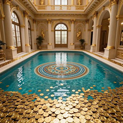Luxurious indoor pool with ornate blue tile center, gold coins floating on water, classical architecture, tall arched windows, and opulent gold detailing