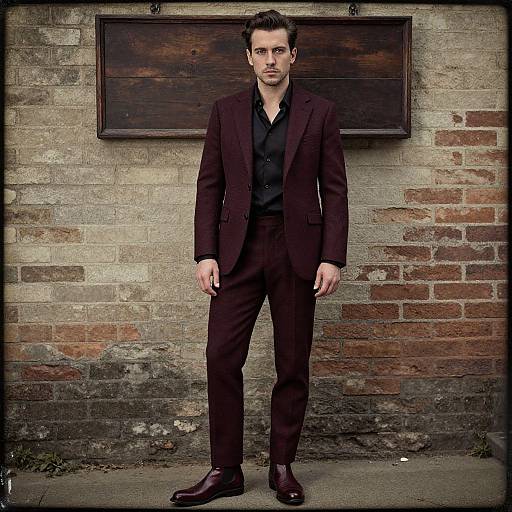 Photograph of a tall, handsome man with dark hair, wearing a black shirt and dark brown suit, standing against a textured brick wall with a wooden