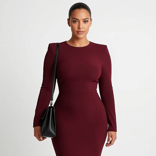 Photograph of a confident woman with dark skin, black hair in a bun, wearing a form-fitting burgundy dress and black leather shoulder bag,