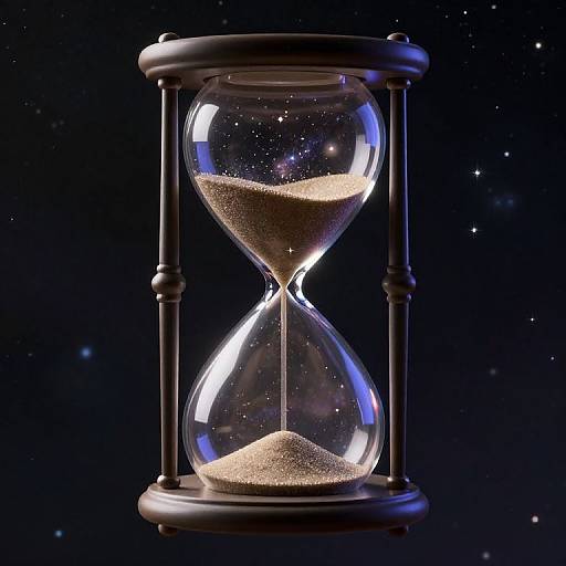 Photograph of an hourglass with glowing sand against a starry black background, highlighting the passing of time.