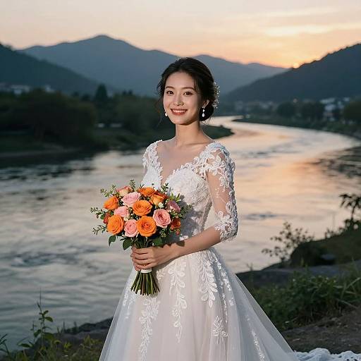 Asian bride in white lace wedding dress, holding orange and pink bouquet, smiling against sunset river landscape with mountains. Photographic image.