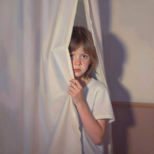 Mortified Child Behind Torn Curtain