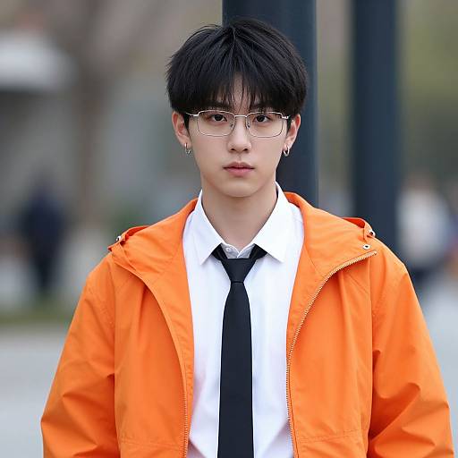 Young Asian man with black hair, glasses, wearing an orange jail jumpsuit over a white shirt and black tie, standing outdoors.