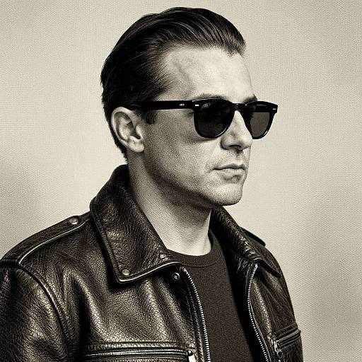 Black-and-white photograph of a handsome, serious-looking man with slicked-back hair, wearing dark sunglasses and a leather jacket, against a plain background.